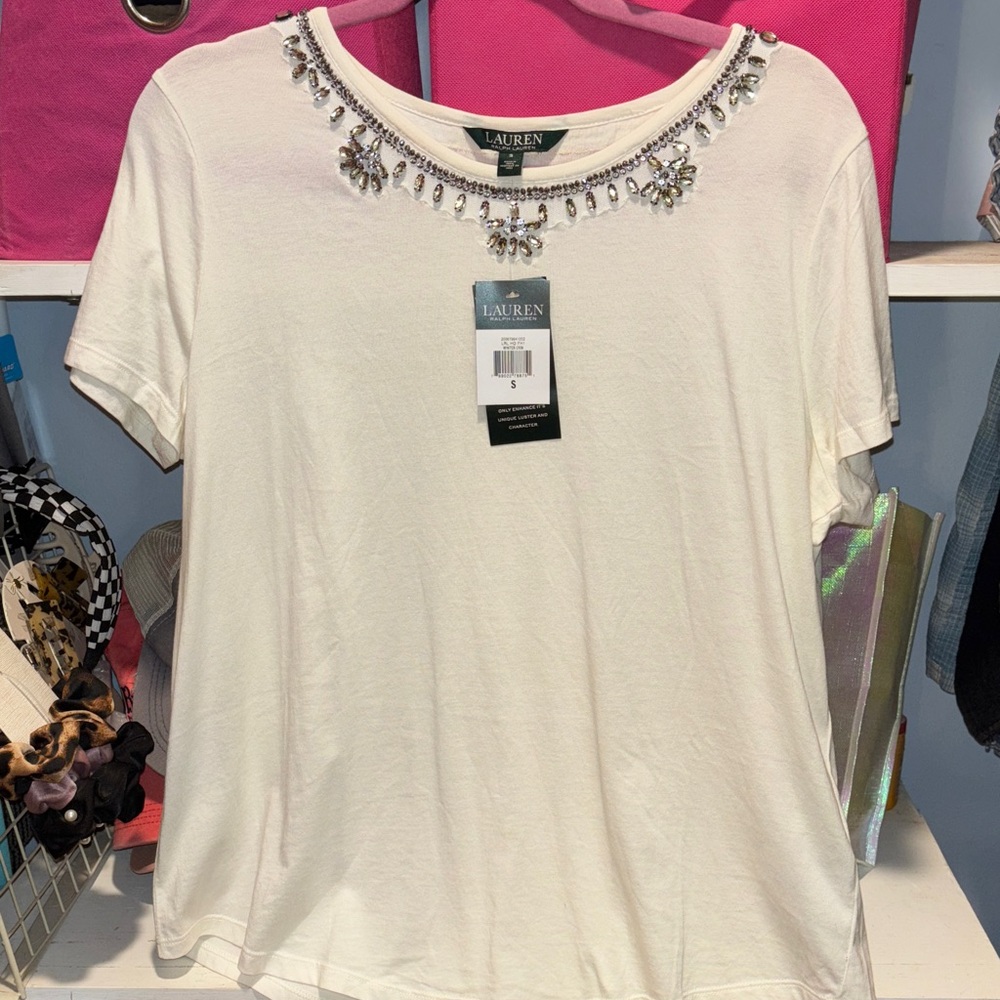 Ralph Lauren White Embellished Short Sleeve Tee NWT
